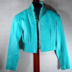 Vtg Turquoise Blue Cropped Genuine Leather Jacket Small